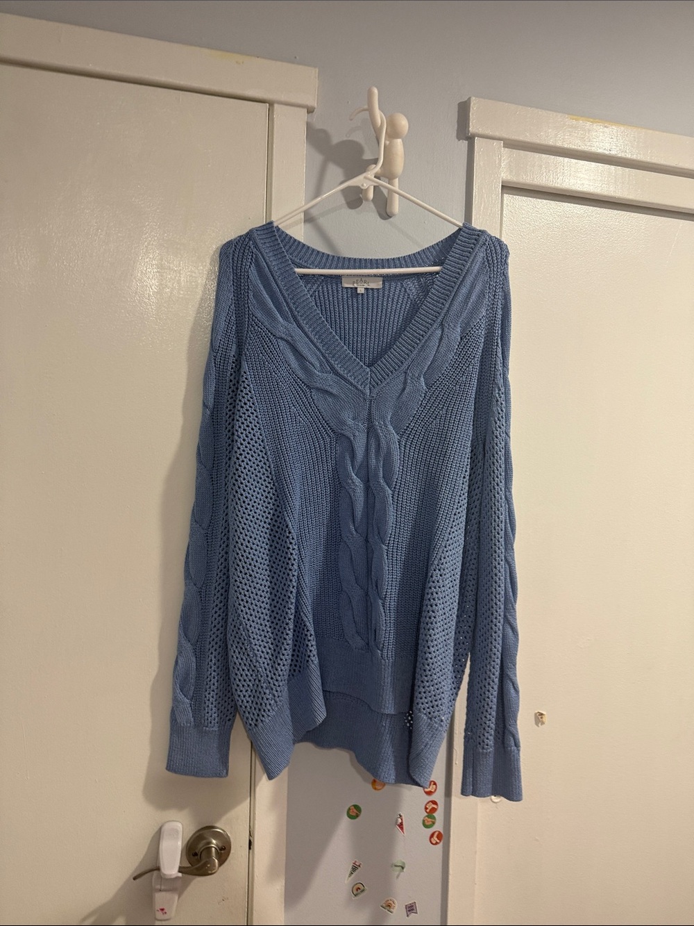 Pearl Light Blue V-Neck Cable & Open-Knit Sweater